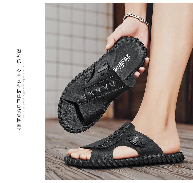 Slippers Sandal Open Toe Casual Beach Holiday Faux Leather Mens Flat Shoes 47 48