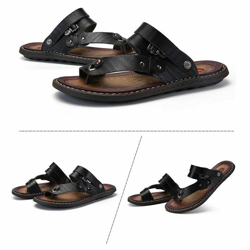 Mens Faux Leather Sandals Beach Flats Flip Flops Casual Slipper Shoes Summer Sz