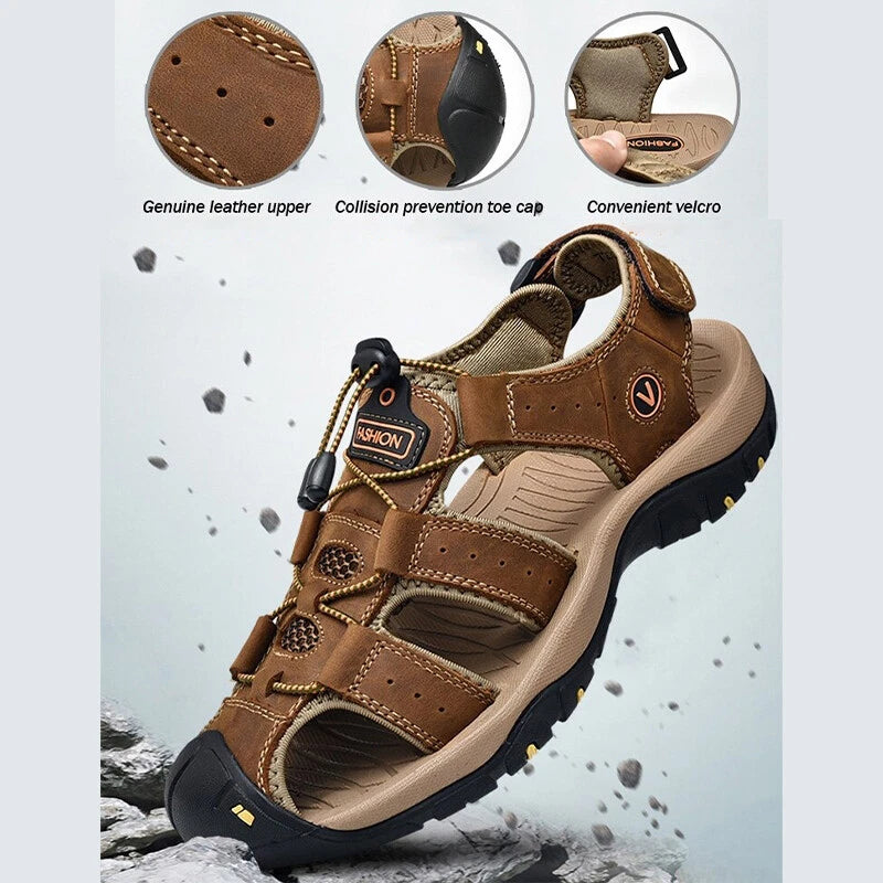 Men's Leather Sandals Closed Toe Beach Nonslip Summer Outdoor Sport Hiking Shoes