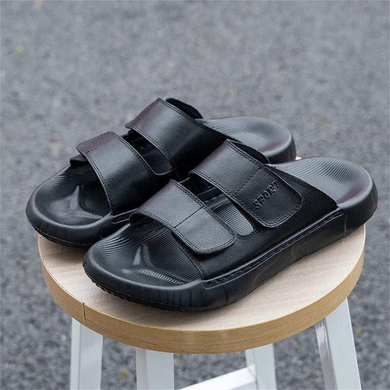 Men's Open Toe Summer Slippers Leather Slides Comfort Casual Sandals